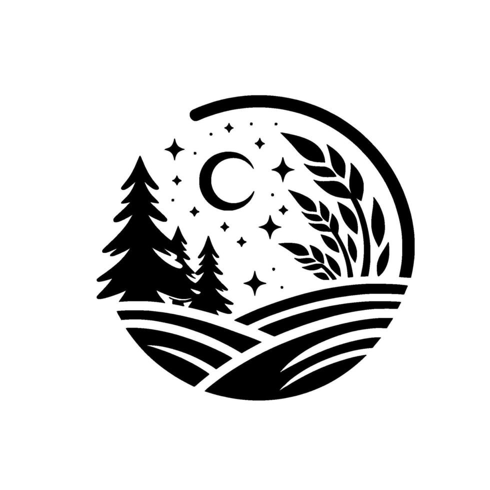 Serene night landscape forest, moon, wheat, stars, black white vector