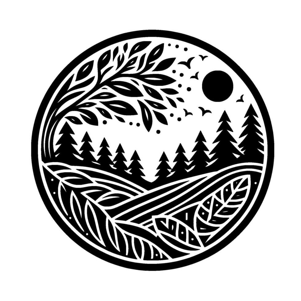Black white nature illustration circle of trees, leaves, birds vector