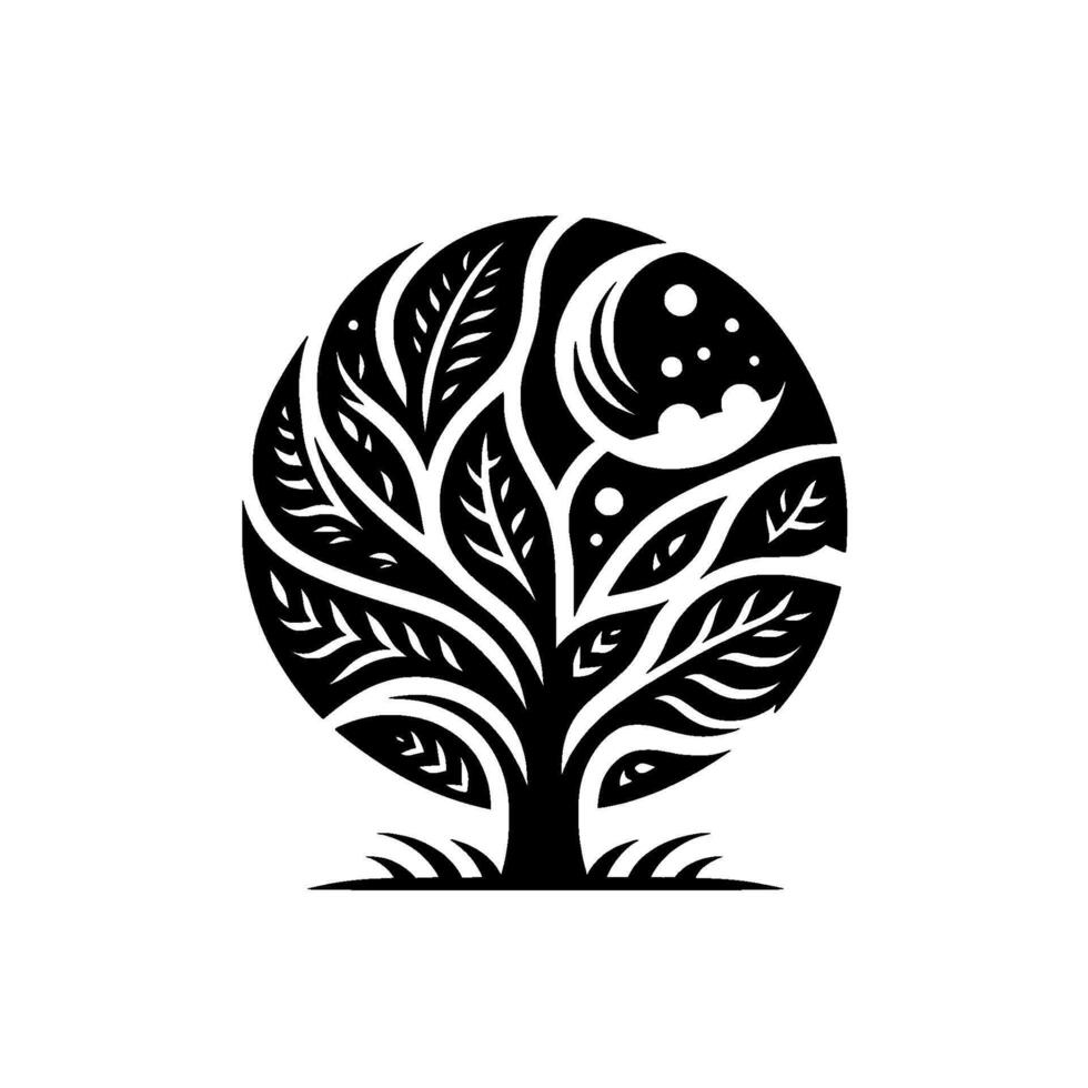 Geometric tree of life with moon, black white vector