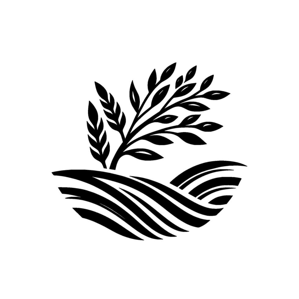 Minimalist farm scene silhouette tree, fields, black white , clean vector