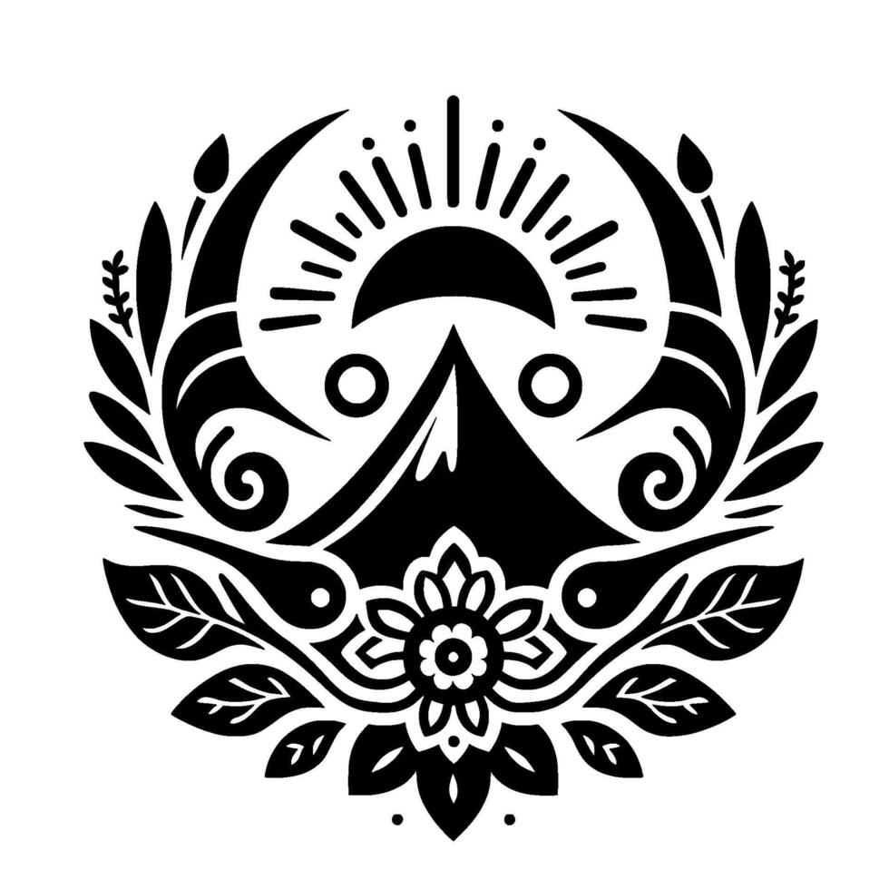 Symbolic black white nature illustration mountain, sun, flower, leaves vector