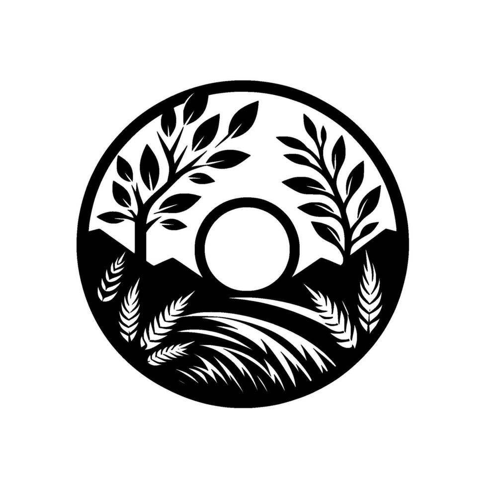 Minimalist black and white landscape silhouette in circular frame vector