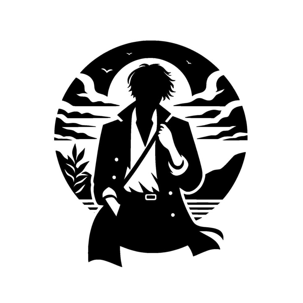 Silhouette of a man in a coat, minimalist landscape, black white vector