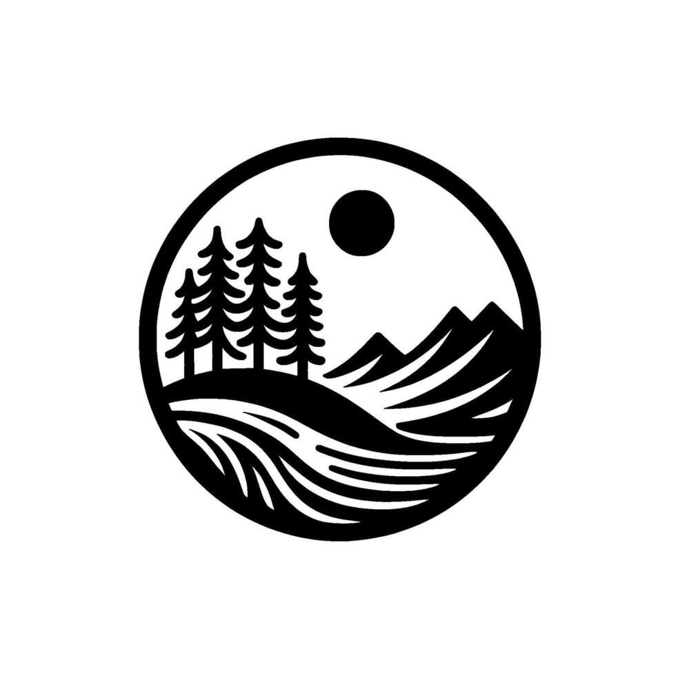 Minimalist mountain forest landscape , black white circle vector