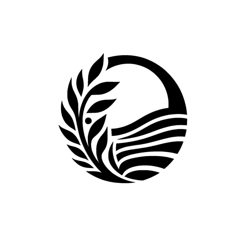 Minimalist emblem laurel branch waves in a circle, black and white vector