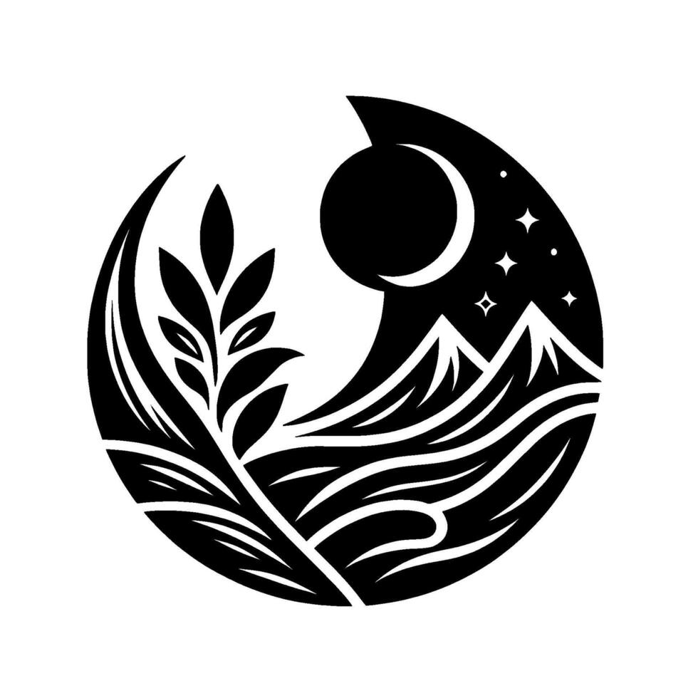 Black and white nature silhouette mountain, moon, stars, foliage vector