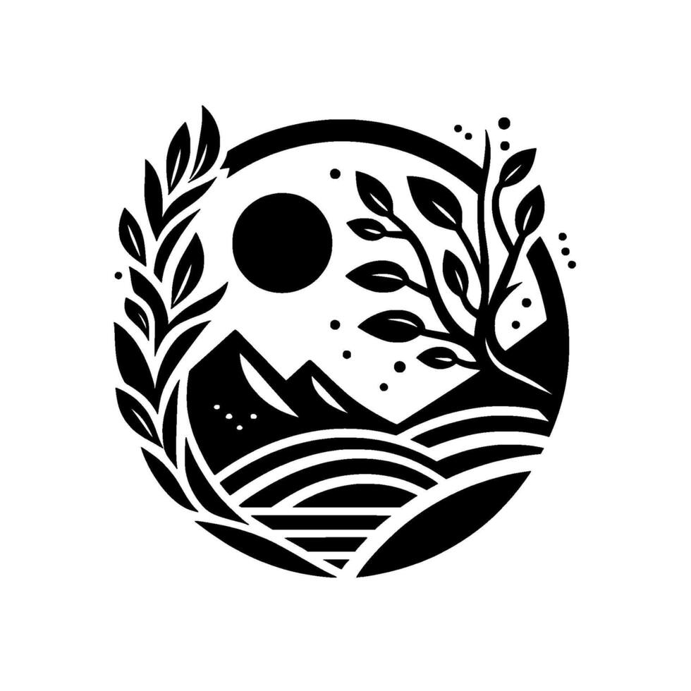 Minimalist nature scene mountains, moon leaves black and white vector