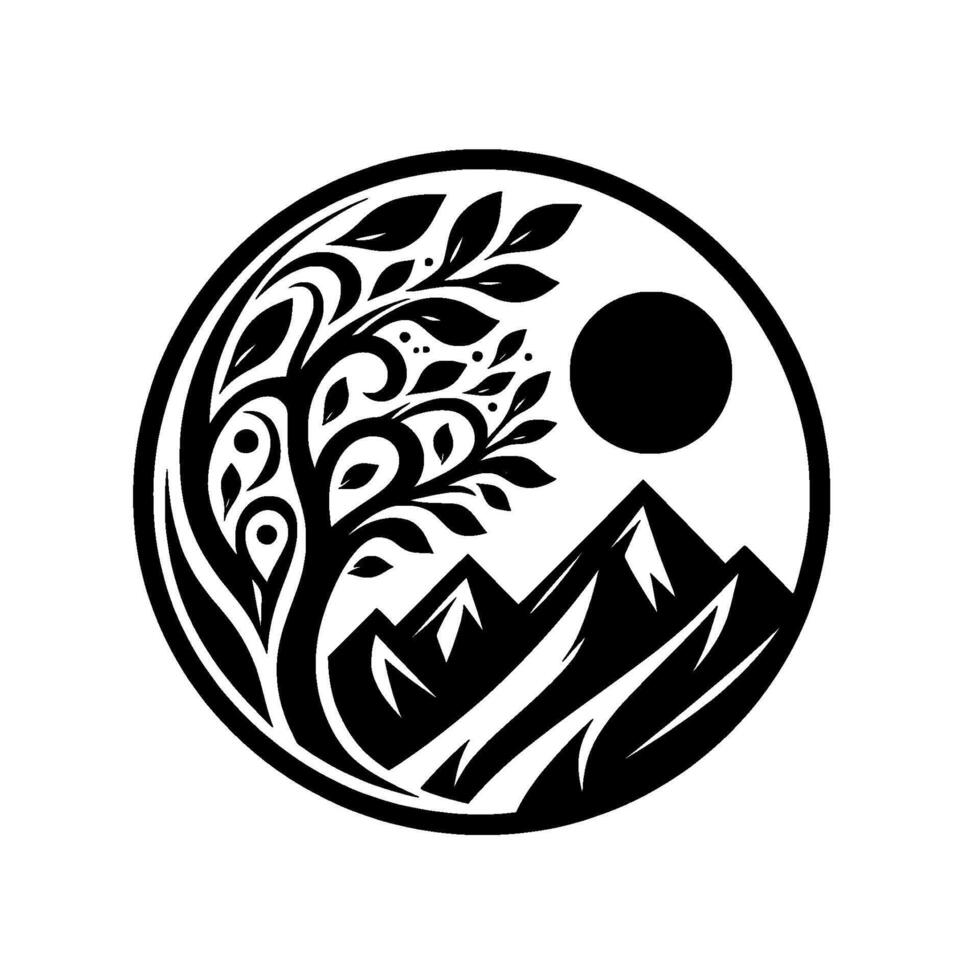 Black and white circle tree, mountains, sun, nature vector