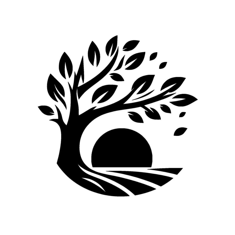 Minimalist tree with sun and field black white vector