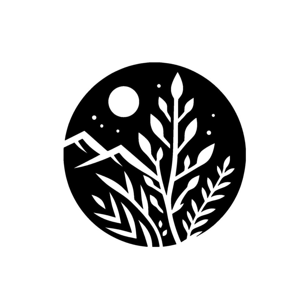 Minimalist black white nature mountains, moon, plant life vector