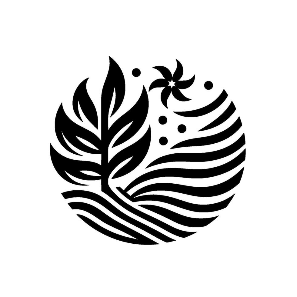 Minimalist floral emblem leaves, flower, waves, and dots black and white vector