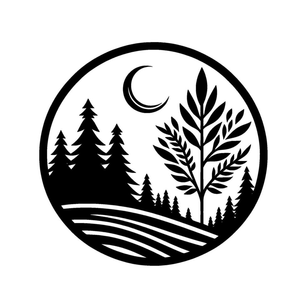 Silhouette forest scene in circle, minimalist black and white vector