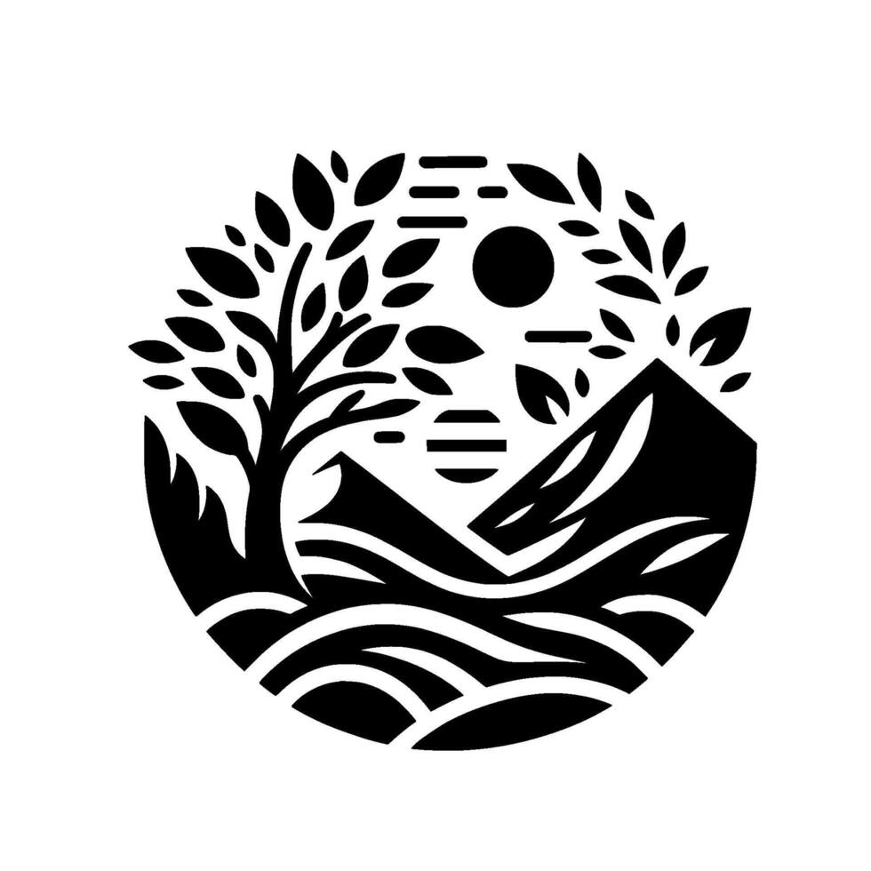 Minimalist nature tree, mountains, sun, waves in circle vector