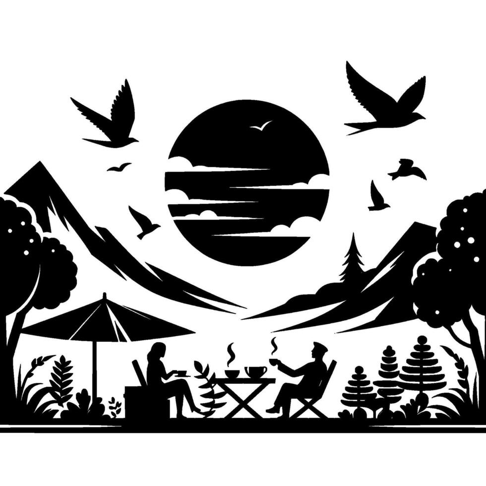 Silhouette cafe scene birds, mountains coffee, black white vector