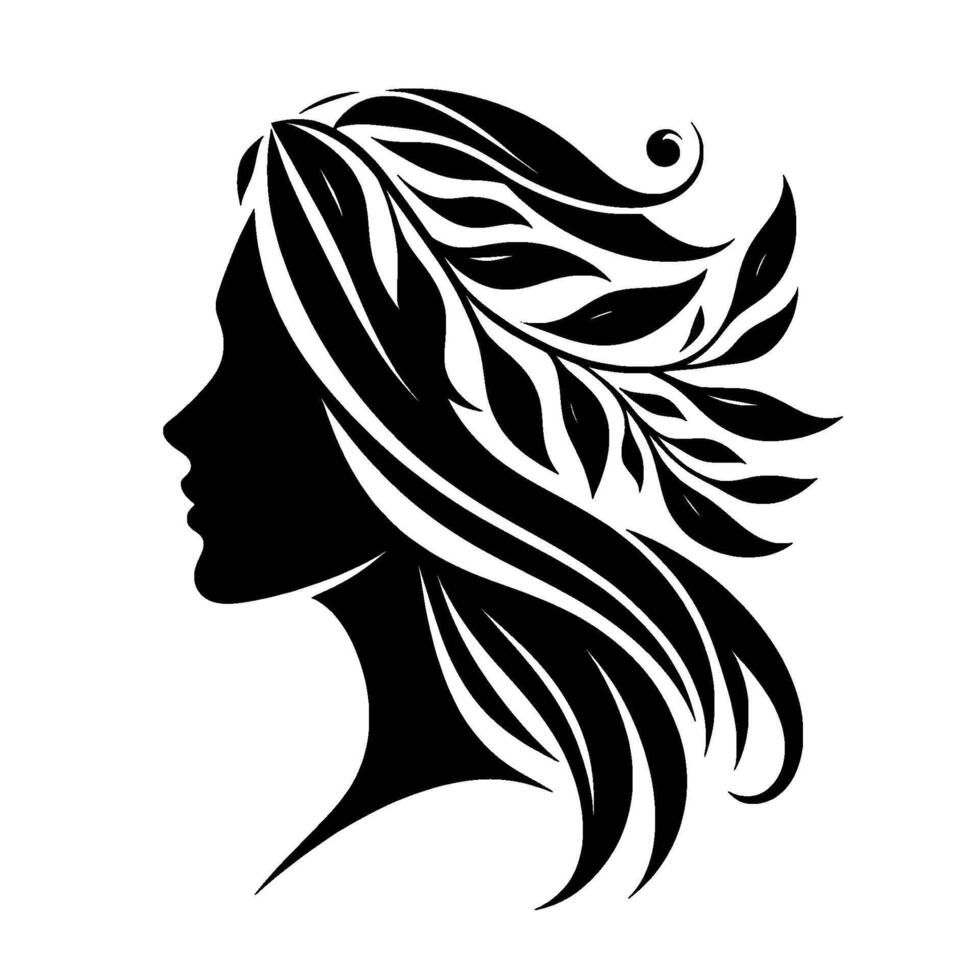 Womans profile silhouette with leaf hair, black and white, minimalist vector
