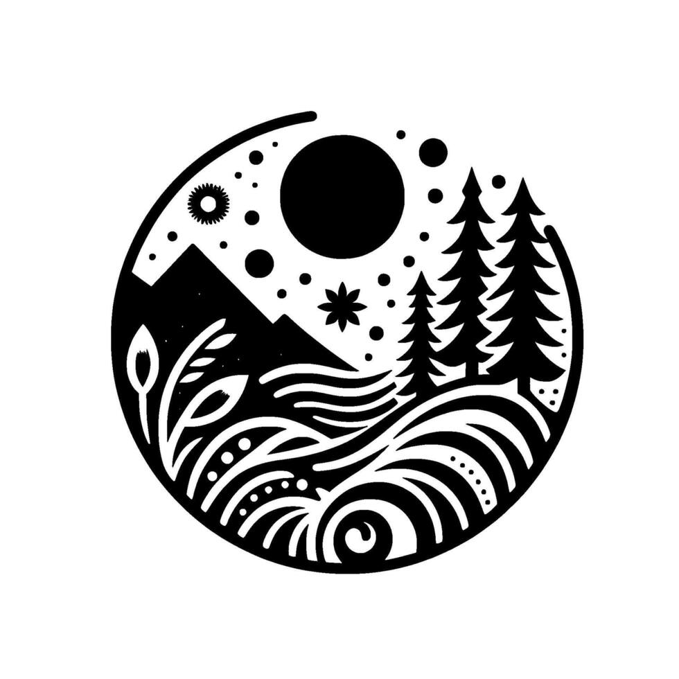 Black and white mountain landscape in a circle, minimalist nature art vector