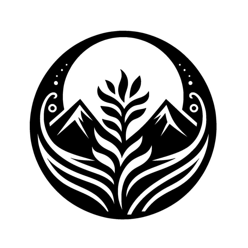 Black white mountain leaf , circle, modern minimalist vector
