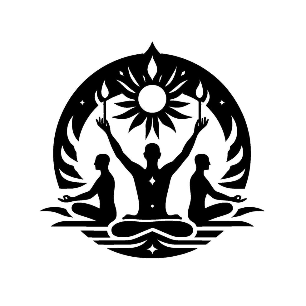 Spiritual harmony meditating figures, sun, flames in black white vector