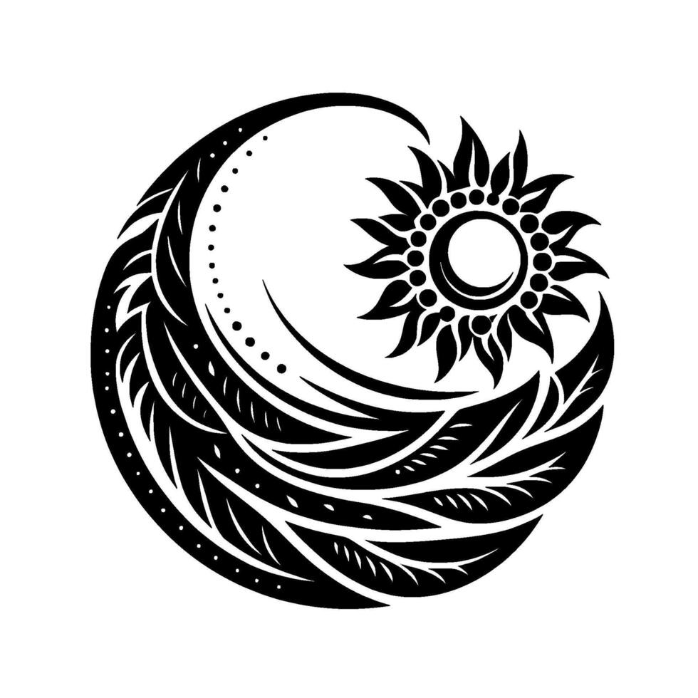 Tribal sun and crescent moon tattoo , black and white vector