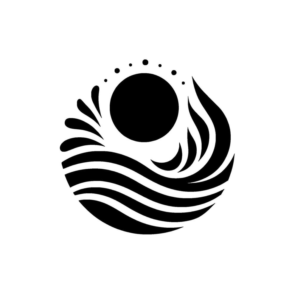 Abstract black white circle sun, waves, water elements vector