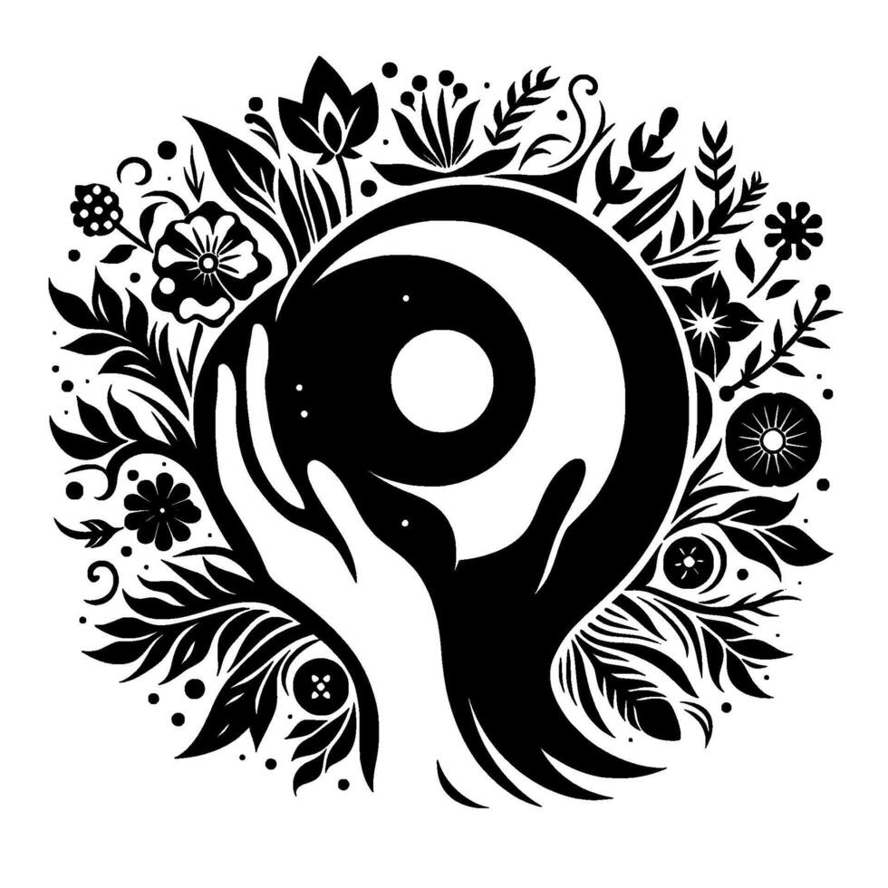 Floral embrace hand holding crescent moon, black white illustration vector