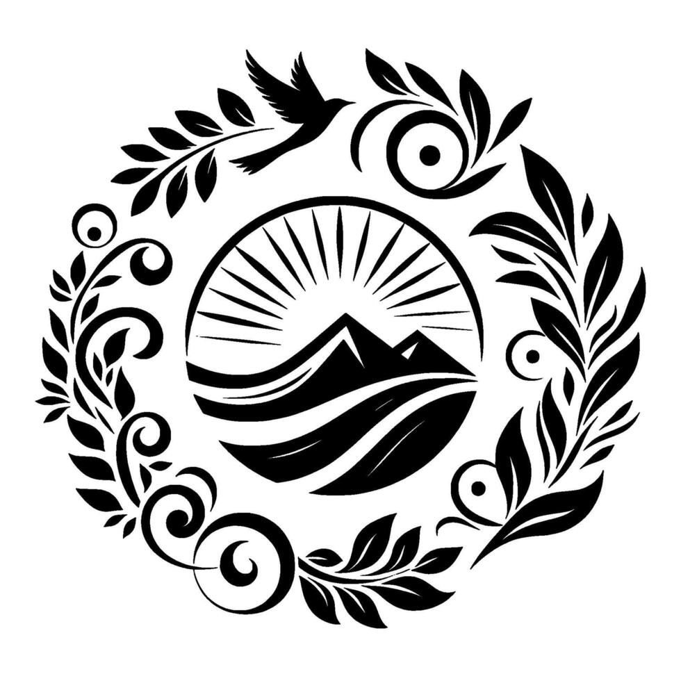 Mountain bird emblem in botanical wreath nature vector