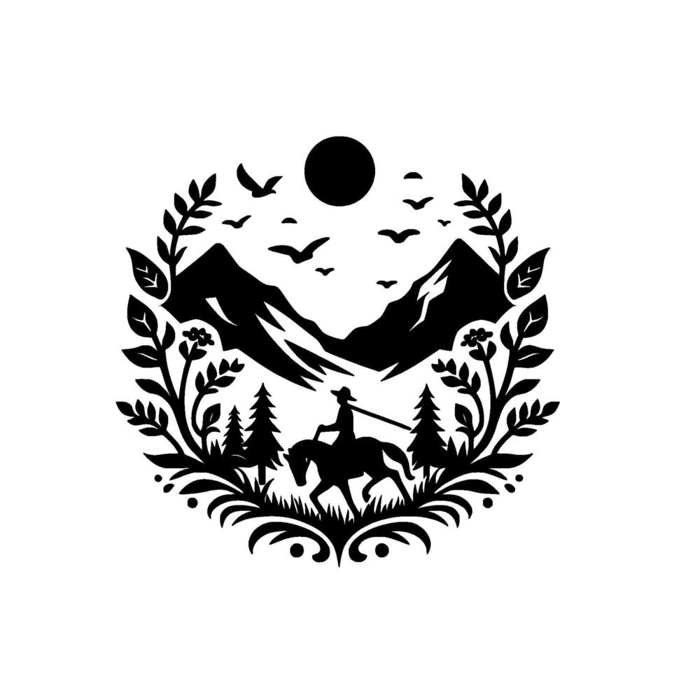 Cowboy and horse in a mountainous landscape, illustration vector