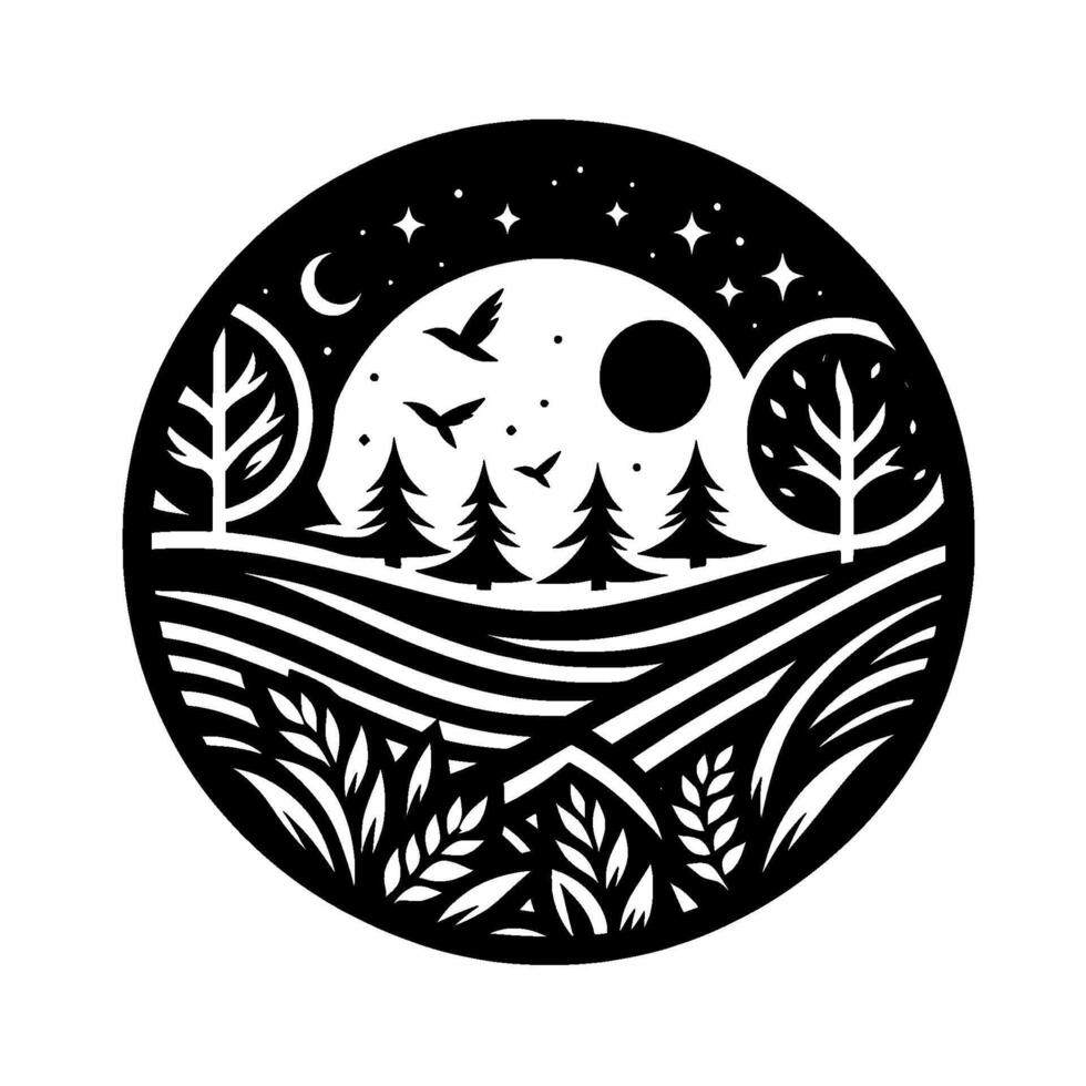 Silhouette circle landscape moon, stars, birds, trees vector