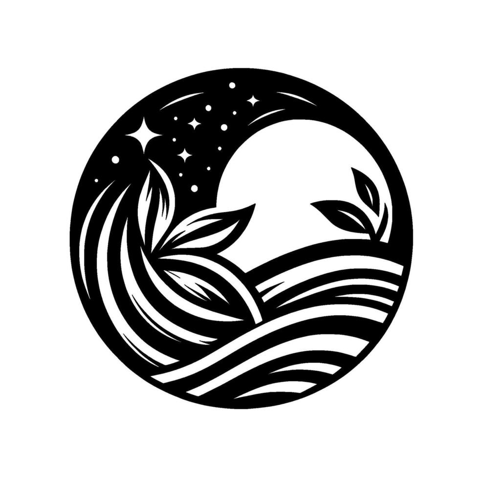 Black white nature scene stars, waves, and leaves vector