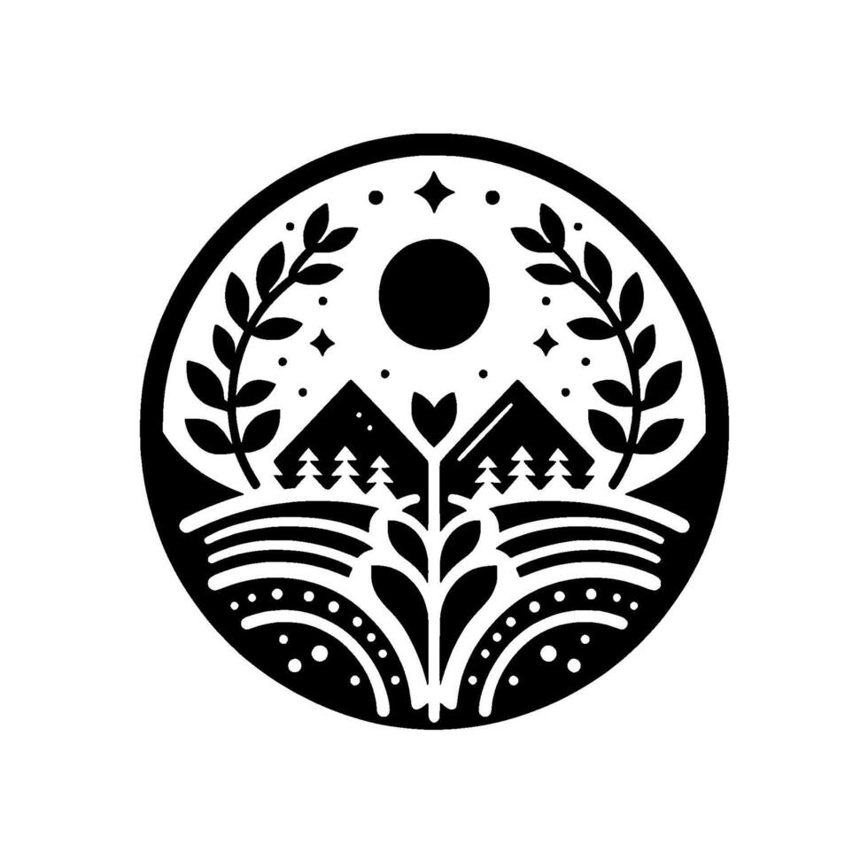 Black white nature emblem mountainscape, branches, sun stars vector