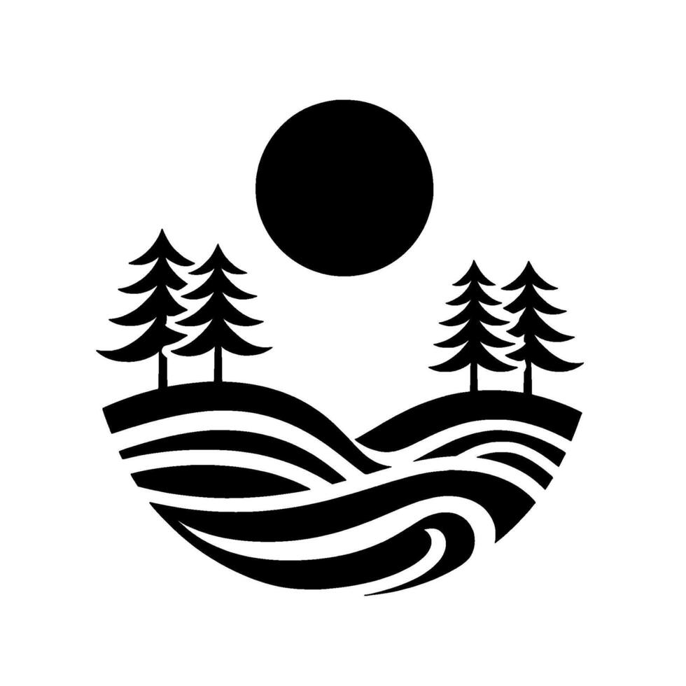 Minimalist black and white landscape trees, hills, sun vector