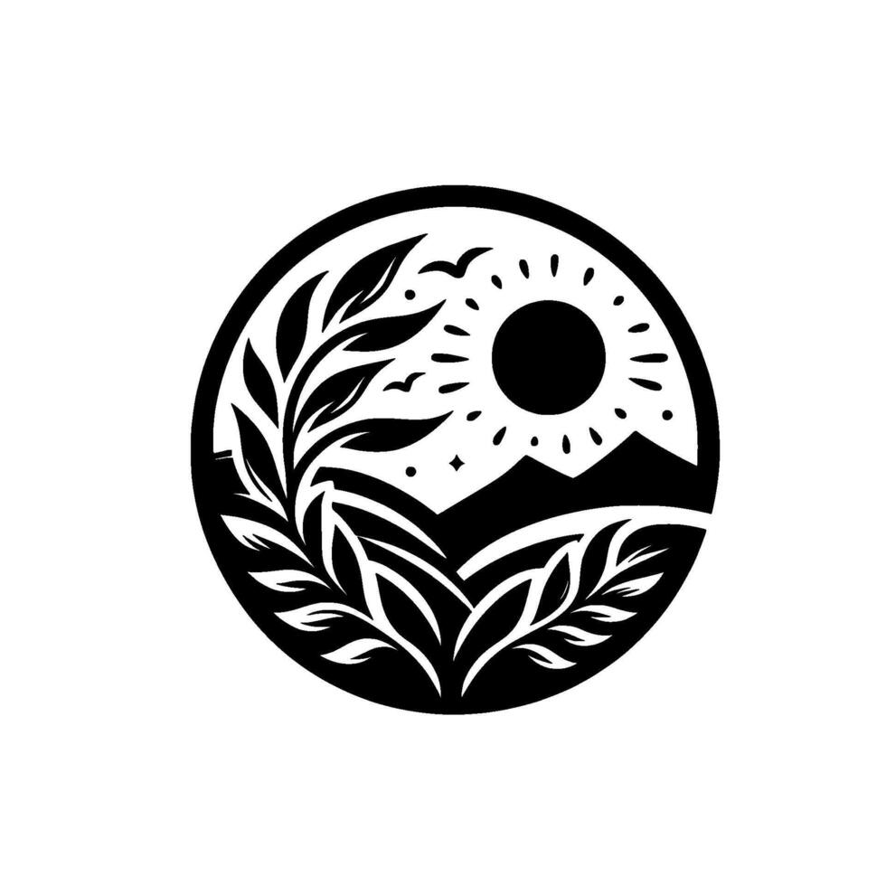 Minimalist nature circle sun, mountains, leaves vector