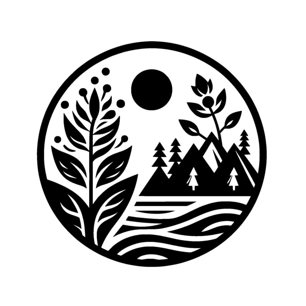 Minimalist nature illustration circle emblem of mountains, plants, and sun vector
