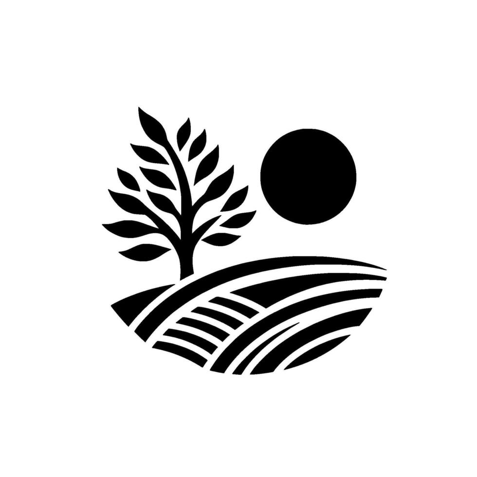 Minimalist farm landscape silhouette, black and white vector