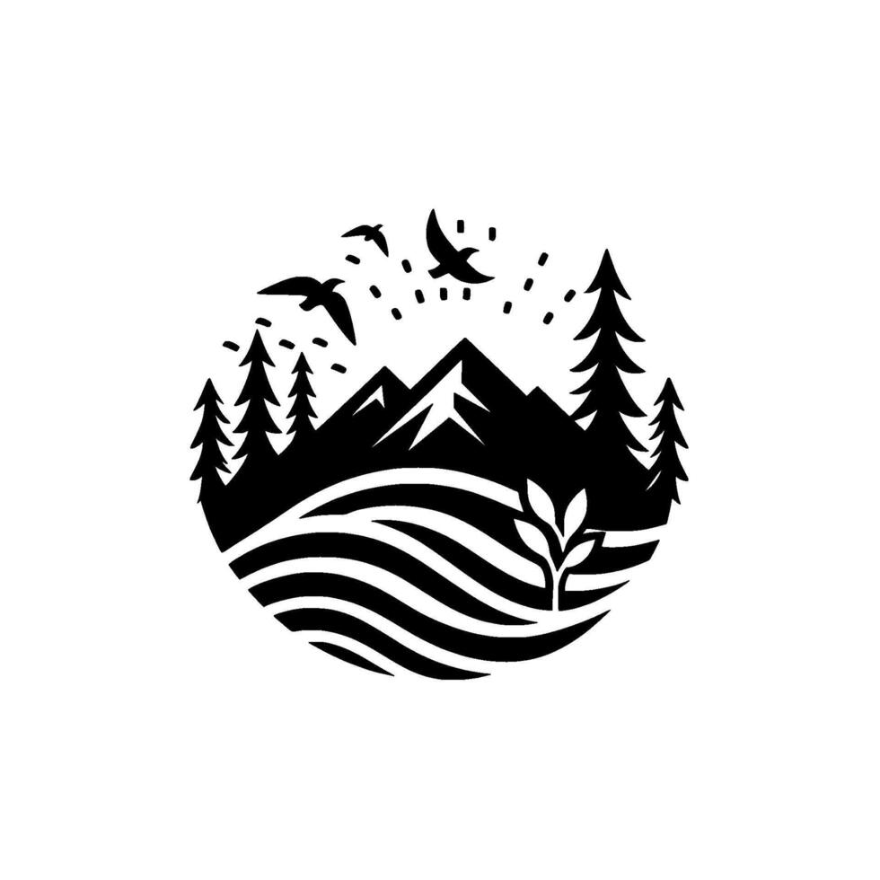 Black and white circle nature mountains, birds, and trees vector