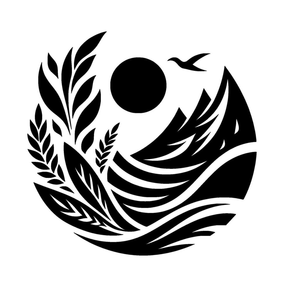 Black and white nature sun, mountains, and bird in a circle vector