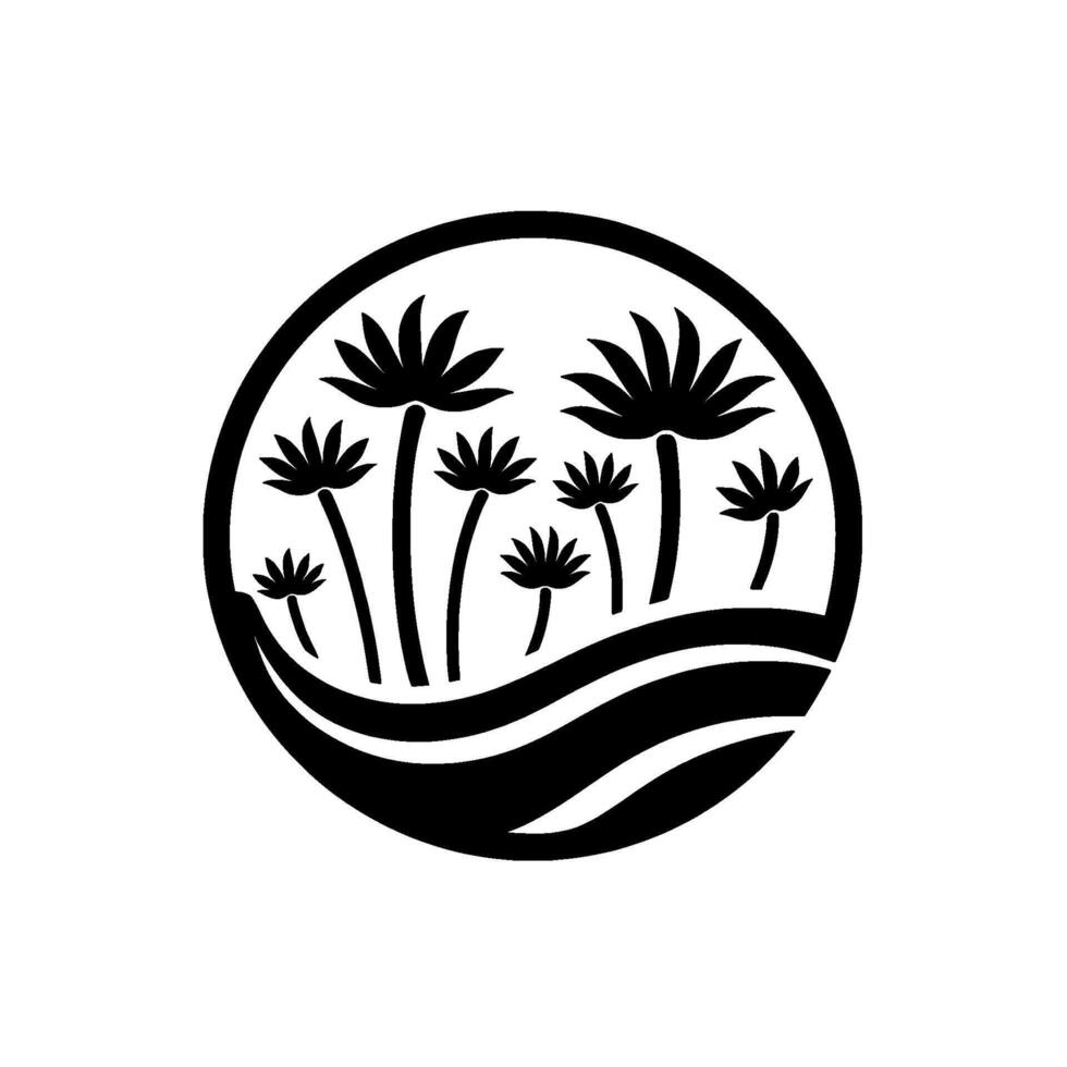 Minimalist palm tree in circle, black white vector