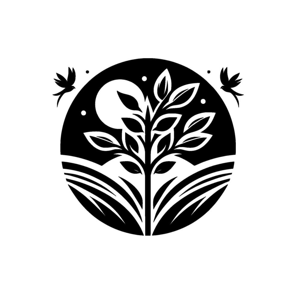 Minimalist nature tree, birds, moon in circle, black white vector