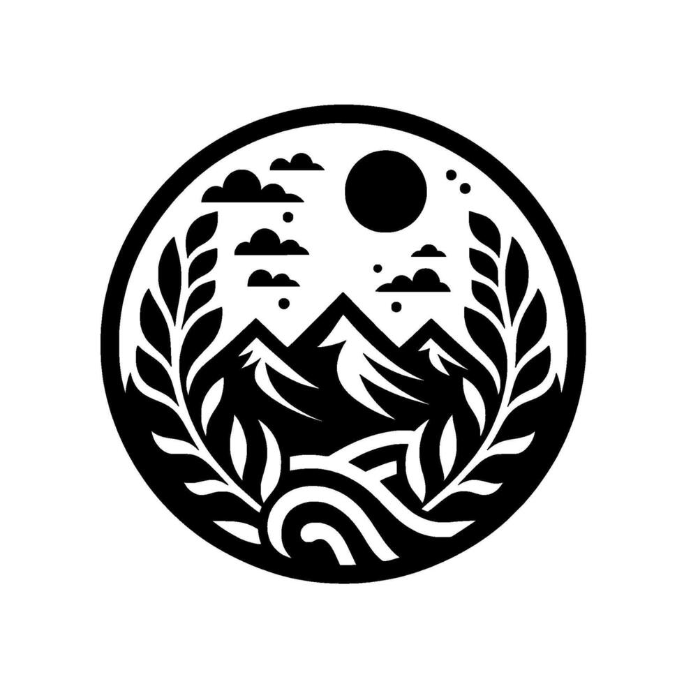 Minimalist mountain and leaf badge in black and white vector