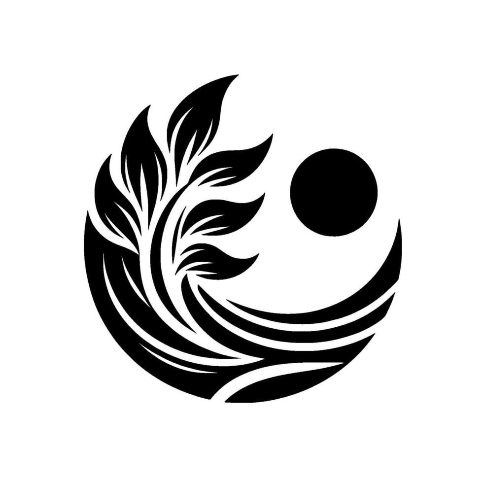 Black white nature symbol leaves, sun, and waves, modern minimalist vector