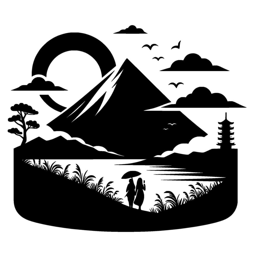 Japanese landscape silhouette lovers by the lake vector