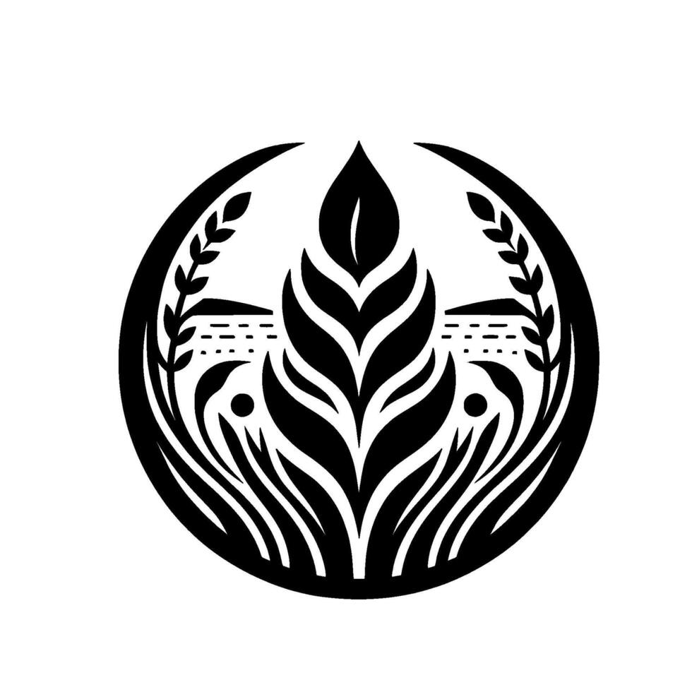 Minimalist black and white nature wheat, leaves, lake, circle vector
