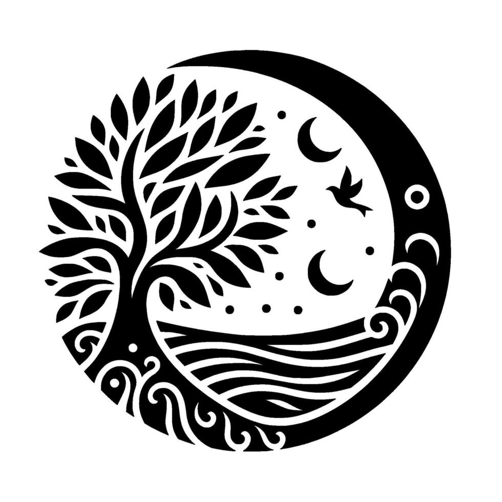 Symbolic black white tree of life in crescent moon vector
