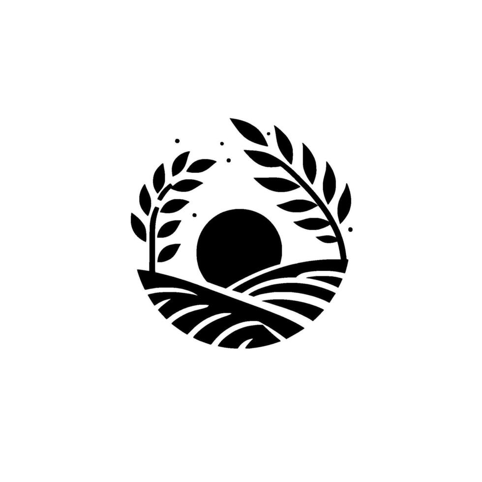 Abstract farm landscape emblem sunrise, wheat, black white vector