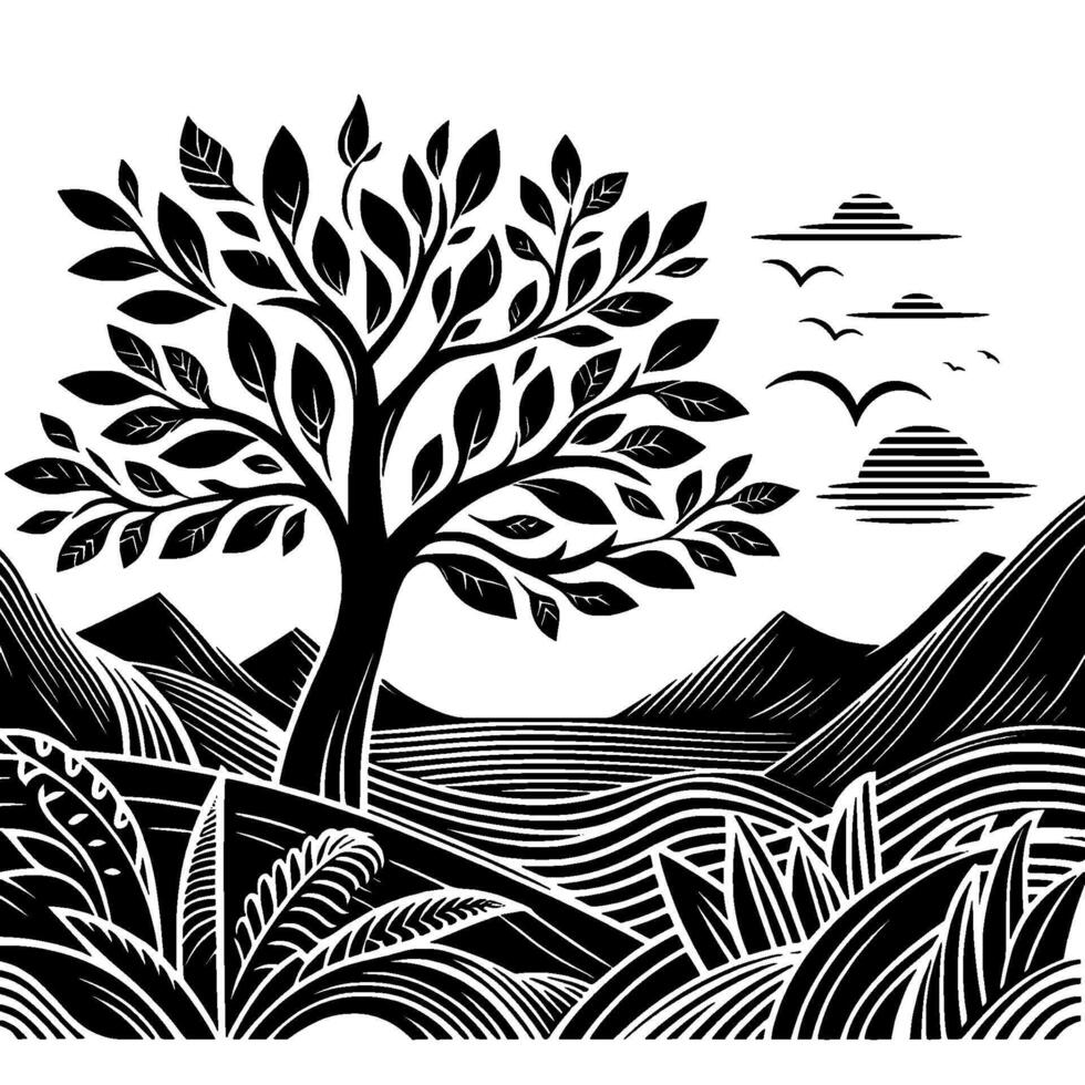 Tranquil black and white landscape tree, birds, sunset vector