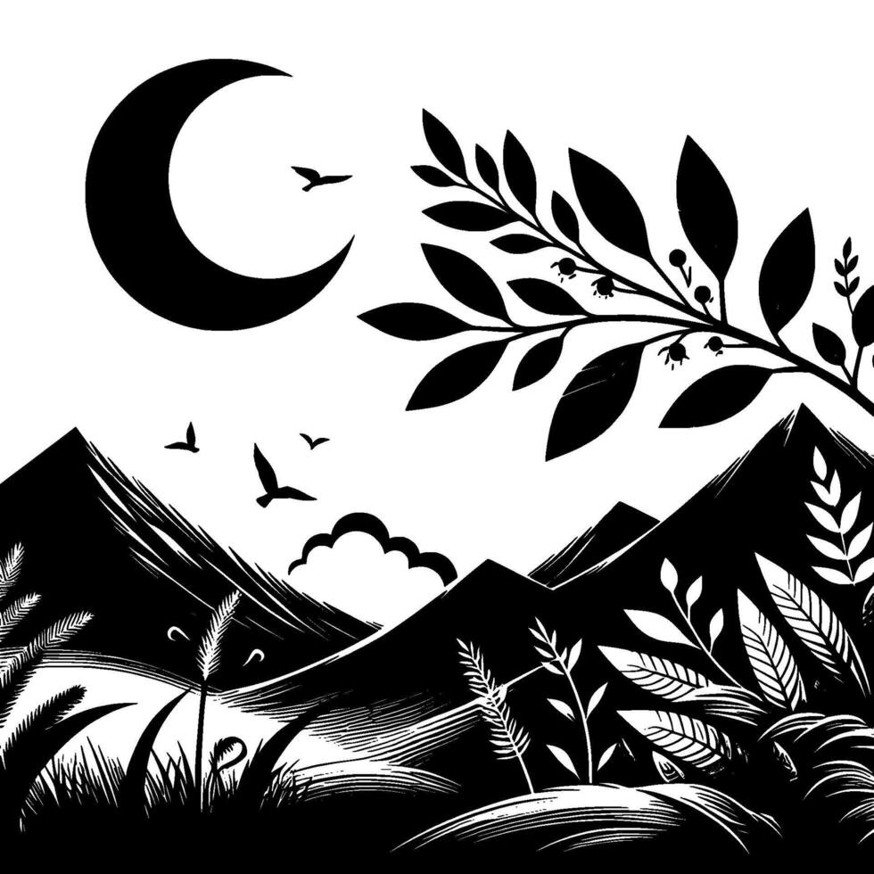Black and white night landscape crescent moon, birds, mountains vector