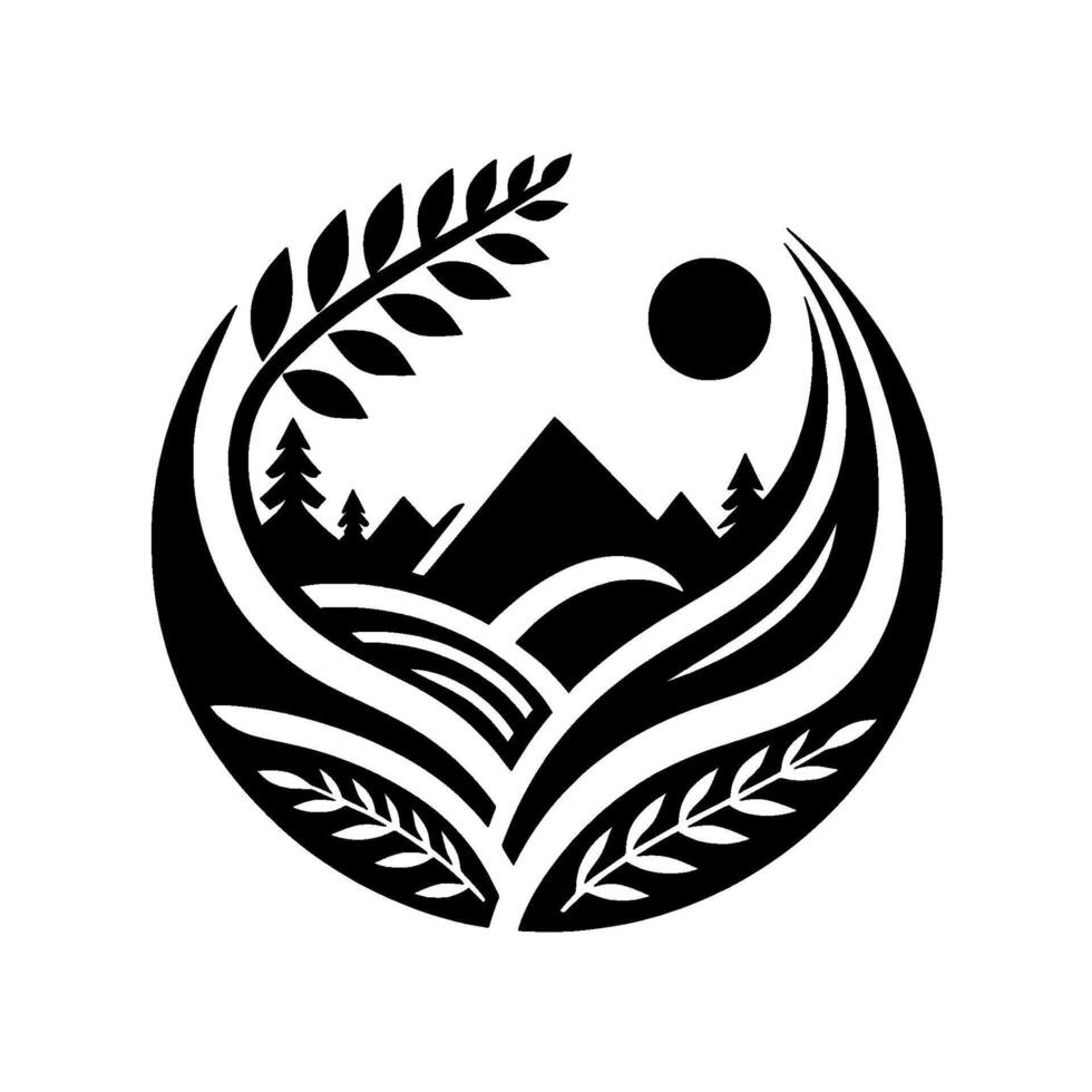Minimalist nature mountain landscape with leafy frame in black white vector