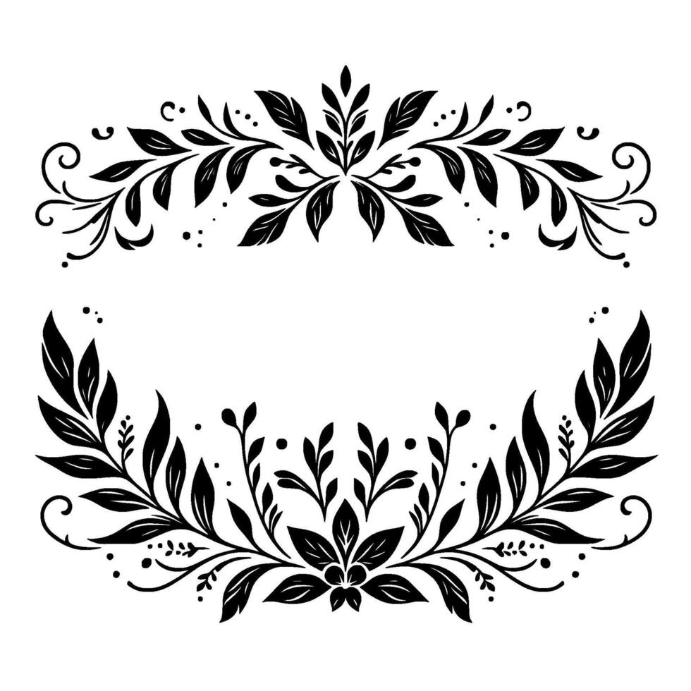 Elegant botanical frame with leaves and swirls monochromatic vector