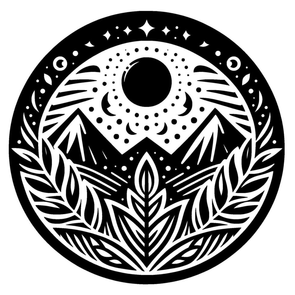 Celestial mountainscape mandala black white nature illustration vector