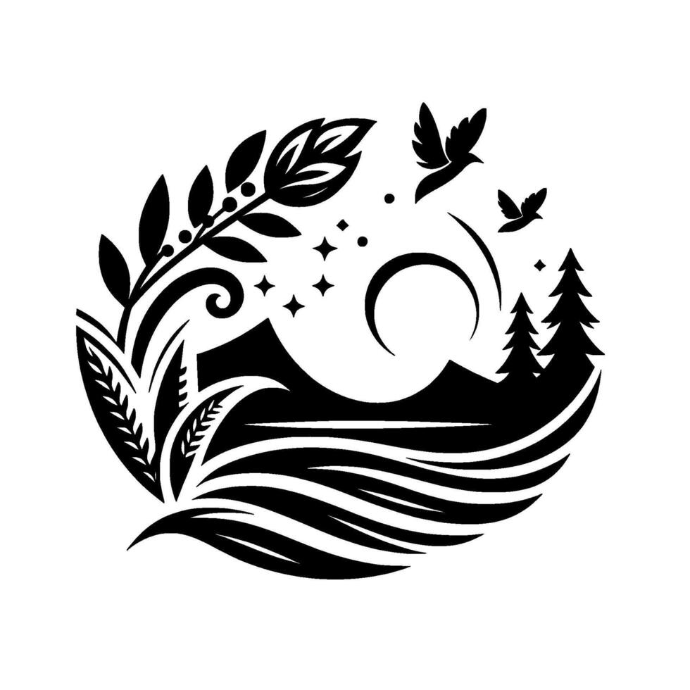 Black white nature illustration birds, mountains, plants vector